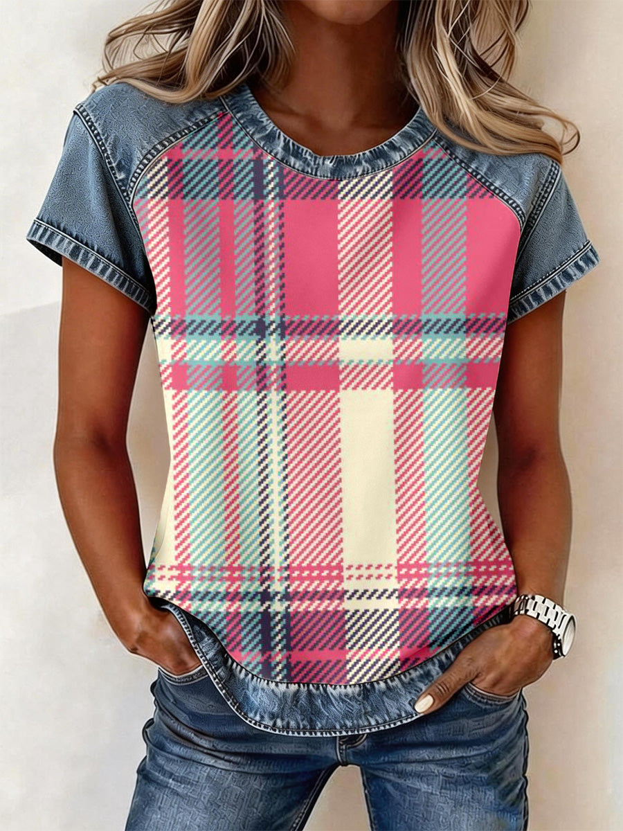 Haut en denim à patchwork à motif écossais rose pour femmes