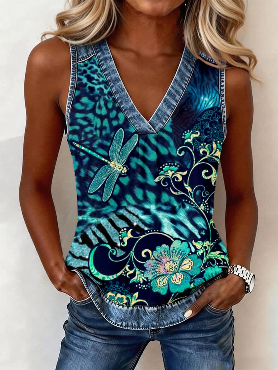 Haut en patchwork de denim à imprimé léopard et floral pour femme