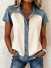 Chemise décontractée en denim à patchwork pour femmes