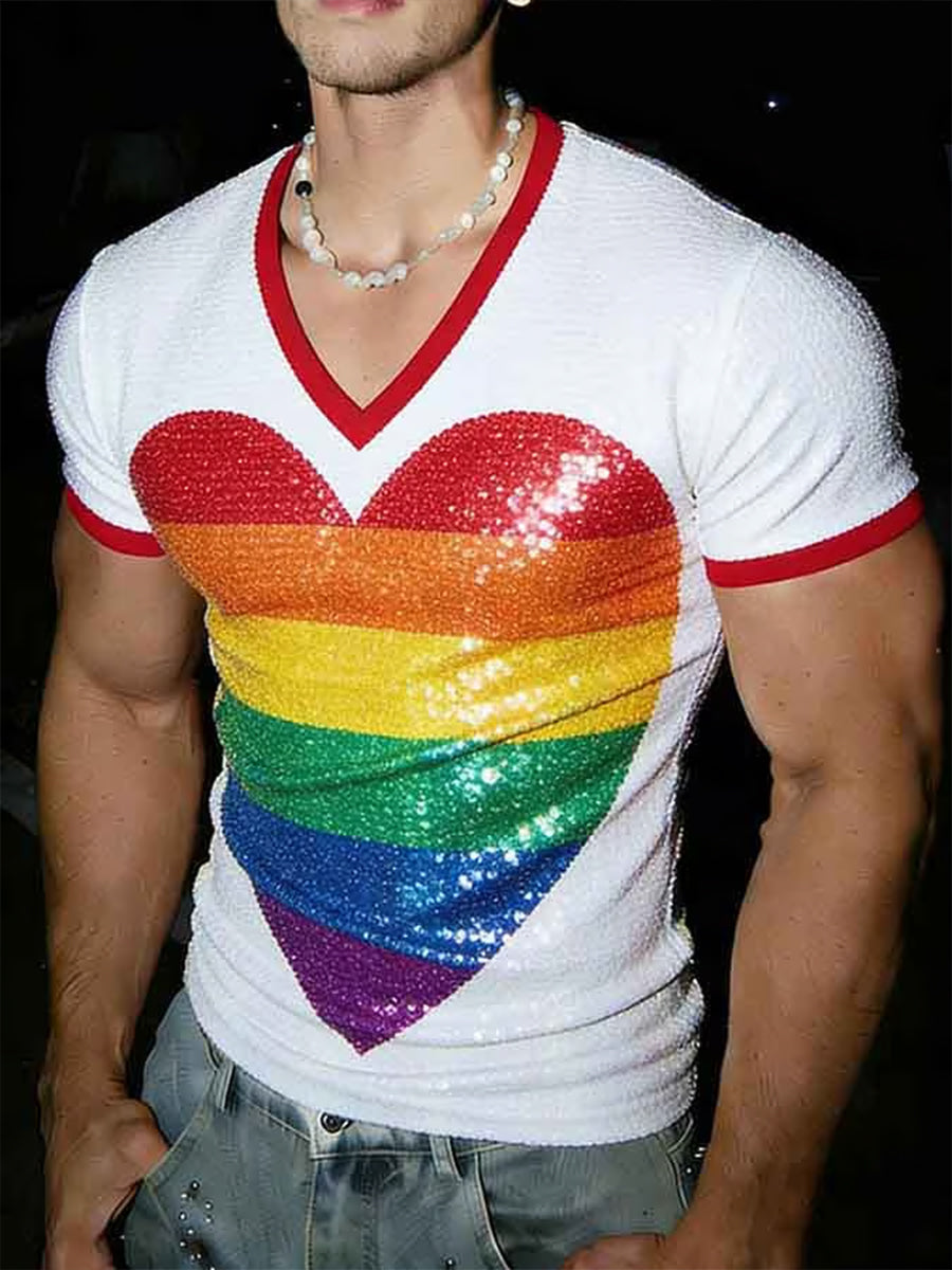 T-shirt à manches courtes et col en V, art arc-en-ciel pour le Mois de la fierté masculine