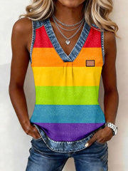 Haut en patchwork en denim à rayures pour femmes, couleur arc-en-ciel