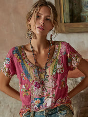 T-shirt bohème pour femmes en mélange de lin, à col en V, avec broderie florale et contraste de couleurs