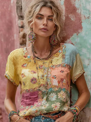 T-shirt bohème pour femmes en mélange de lin, à broderie florale et contraste de couleurs