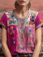 T-shirt bohème pour femmes en mélange de lin, à broderie florale et contraste de couleurs