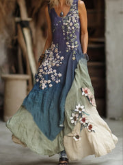 Robe longue en lin à col rond pour femme, élégante, dégradée, motif brodé de fleurs de cerisier japonaises Sakura