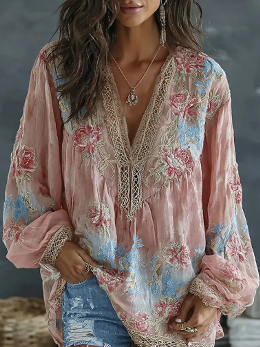 Hauts décontractés fluide en mélange de lin, imprimé artistique brodé de fleurs et de papillons, style vintage pour femme