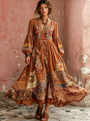 Robe mi-longue bohème pour femme, à col en V, manches courtes, avec broderie florale artistique