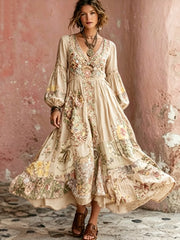 Robe mi-longue bohème pour femme, à col en V, manches courtes, avec broderie florale artistique