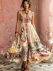 Robe mi-longue bohème pour femme, à col en V, manches courtes, avec broderie florale artistique