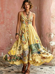 Robe mi-longue bohème pour femme, à col en V, manches courtes, avec broderie florale artistique