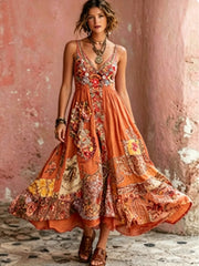 Robe mi-longue bohème pour femme, à col en V, manches courtes, avec broderie florale artistique