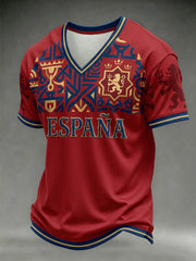 T-shirt à col en V à imprimé amant du football espagnol pour hommes