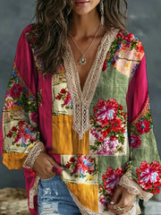 Chemise bohème pour femmes en mélange de lin, à broderie florale, contraste de couleurs, col en V, manches longues