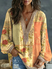 Chemise bohème pour femmes en mélange de lin, à broderie florale, contraste de couleurs, col en V, manches longues