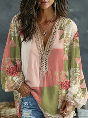 Chemise bohème pour femmes en mélange de lin, à broderie florale, contraste de couleurs, col en V, manches longues