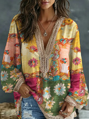 Chemise bohème pour femmes en mélange de lin, à broderie florale, contraste de couleurs, col en V, manches longues