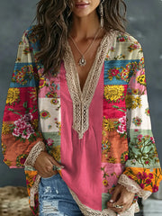 Chemise bohème pour femmes en mélange de lin, à broderie florale, contraste de couleurs, col en V, manches longues