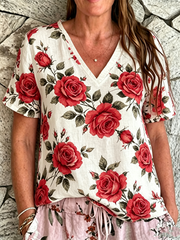T-shirt pour femme en lin à manches courtes avec imprimé roses