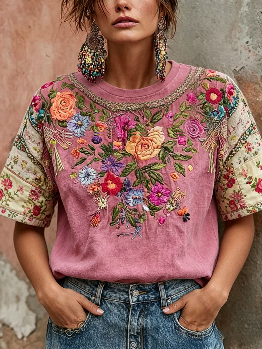 T-shirt imprimé d'art floral rose sensibilisation au cancer du sein chez les femmes