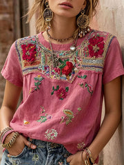 T-shirt décontracté pour femmes à imprimé floral rose