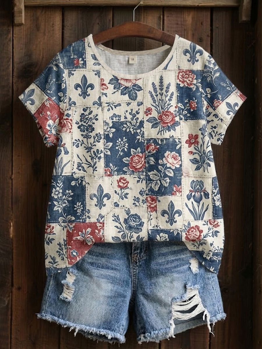 T-shirt imprimé à patchwork floral pour femmes