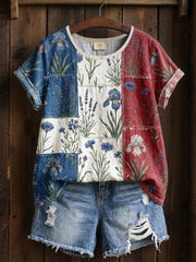 T-shirt imprimé à patchwork floral pour femmes