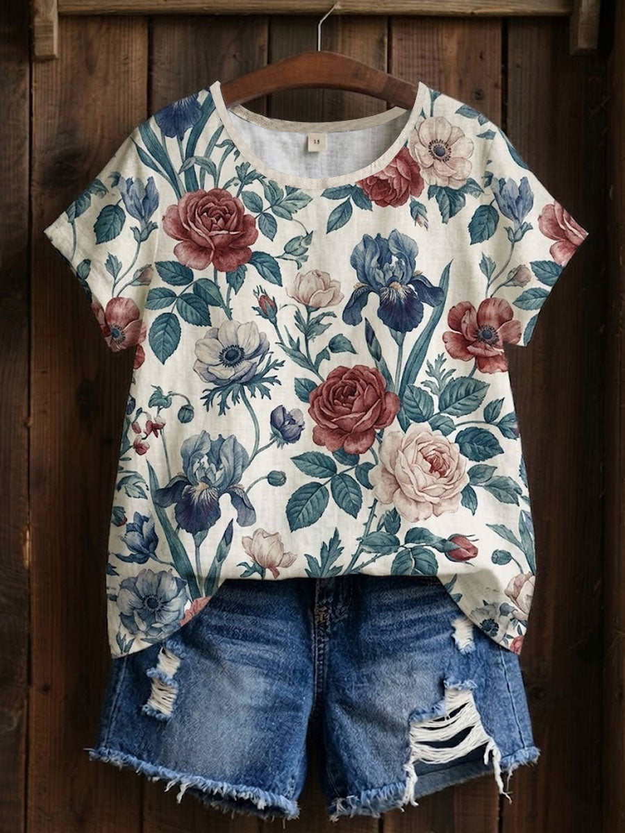 T-shirt imprimé à patchwork floral pour femmes