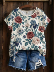 T-shirt imprimé à patchwork floral pour femmes