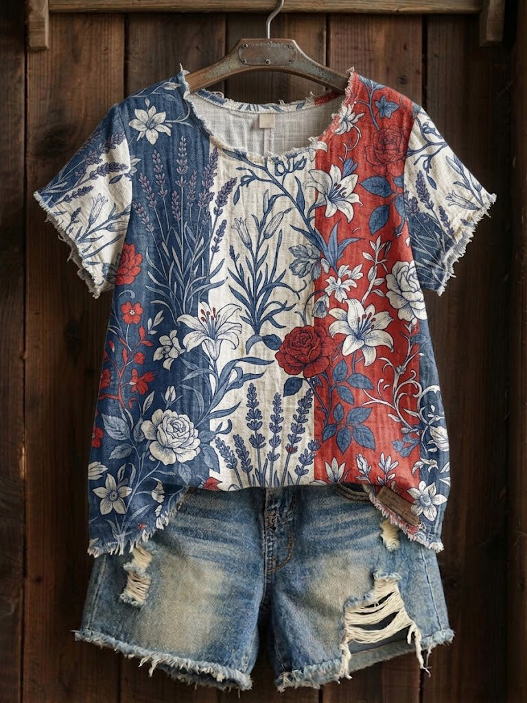 T-shirt imprimé à patchwork floral pour femmes