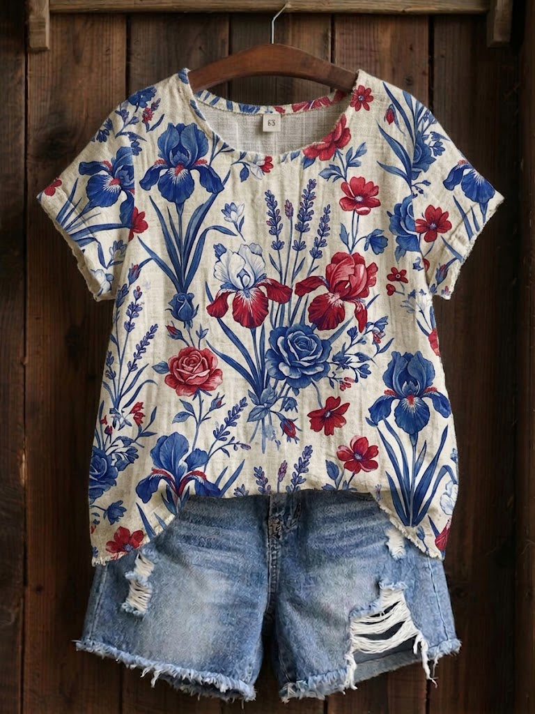 T-shirt imprimé à patchwork floral pour femmes