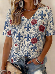 T-shirt femme à col en V, patchwork floral imprimé