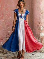 Robe maxi en coton et lin ornée d’une broderie représentant le drapeau français et le coq gaulois