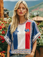 T-shirt en coton et lin orné d'une broderie représentant le drapeau français et le coq gaulois