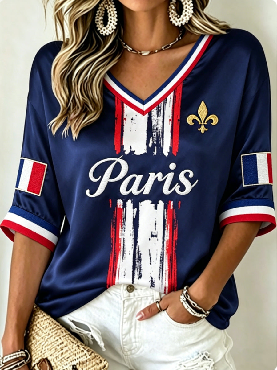 T-shirt à manches mi-longues et col en V pour femmes