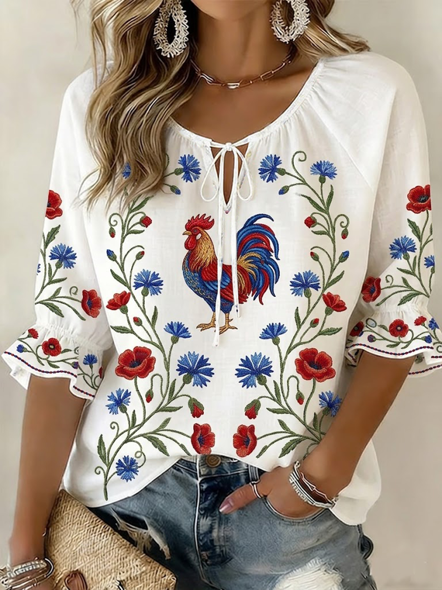 Chemise femme France Coq Gaulois en coton-lin à fleurs