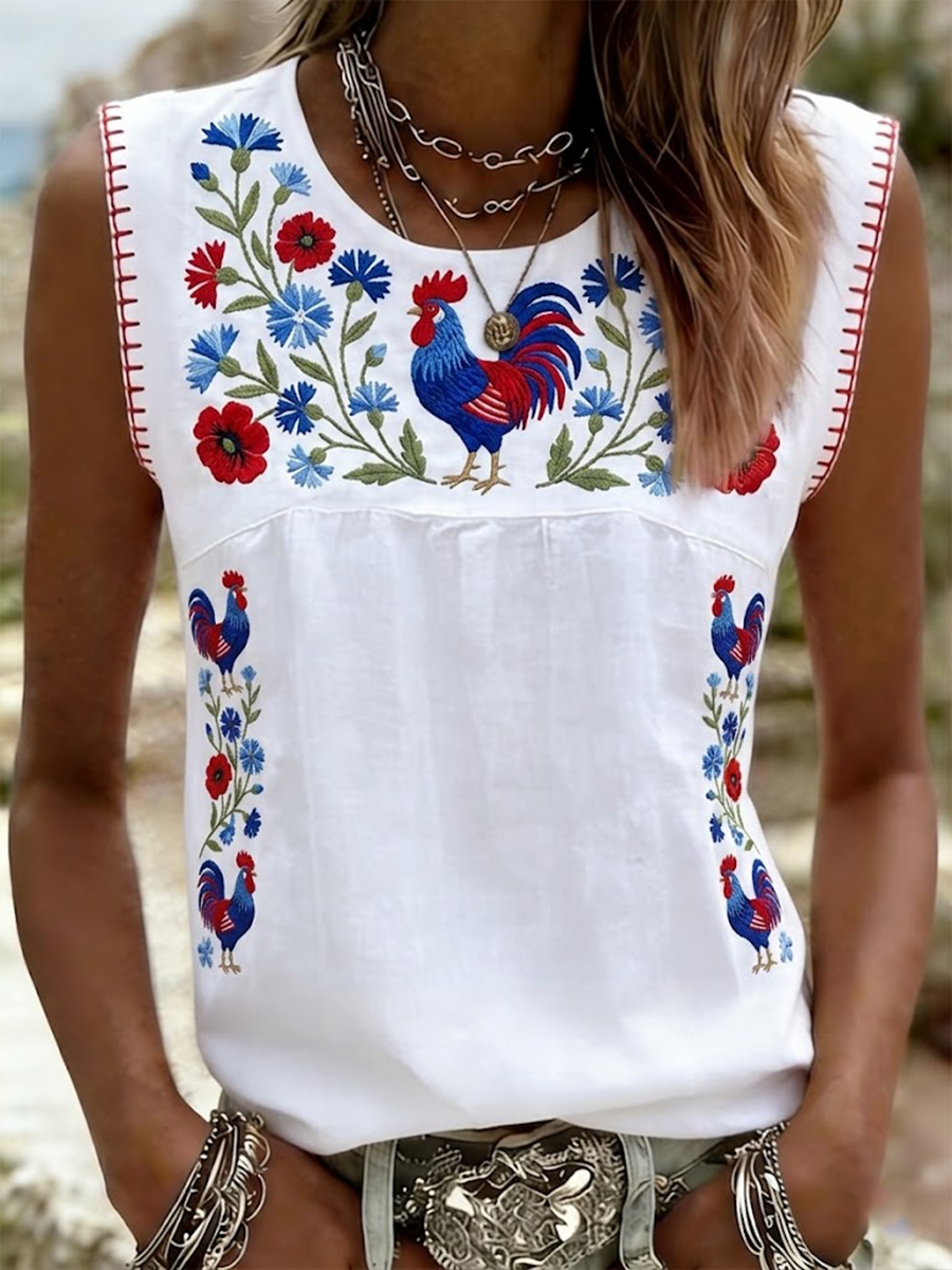 Gilets en coton et lin à fleurs Coq Gaulois pour femmes
