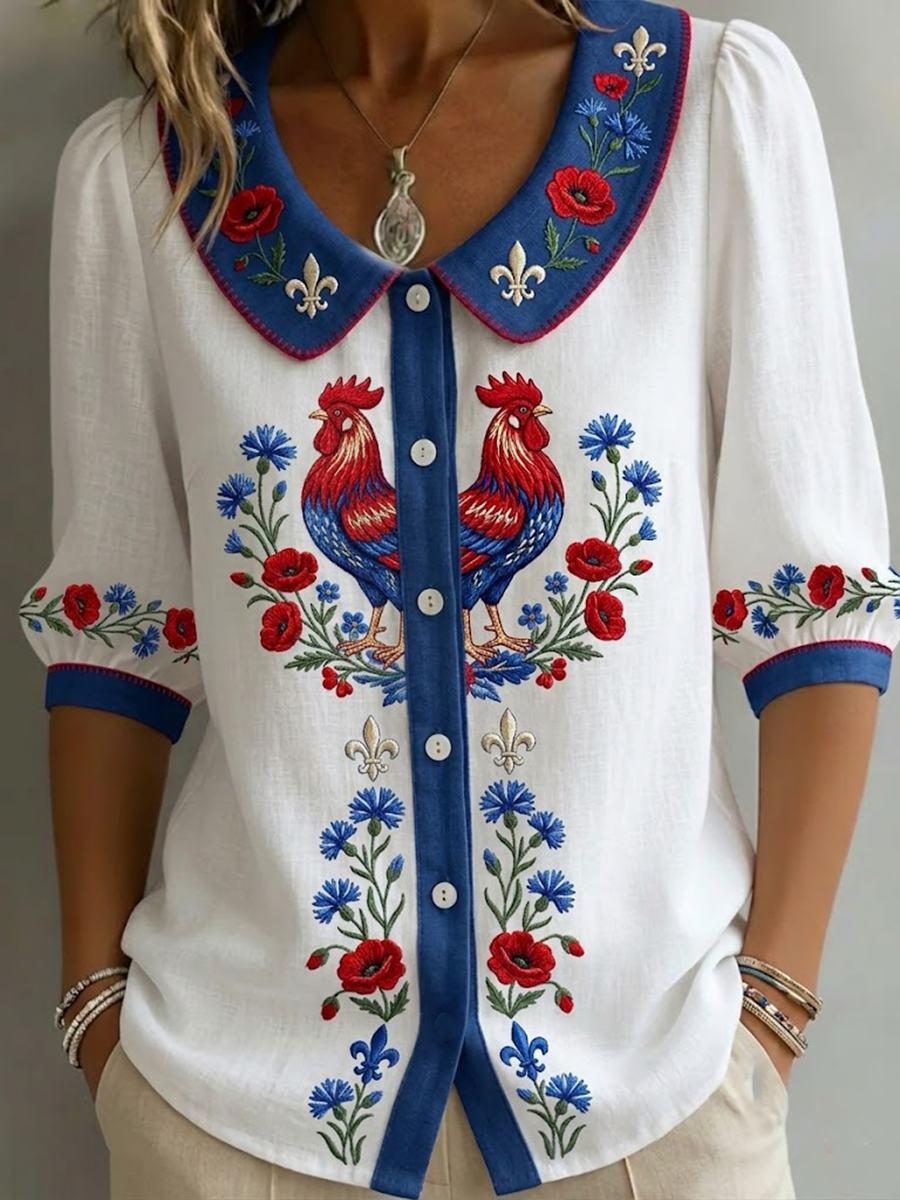Chemise femme France Coq Gaulois en coton-lin à fleurs