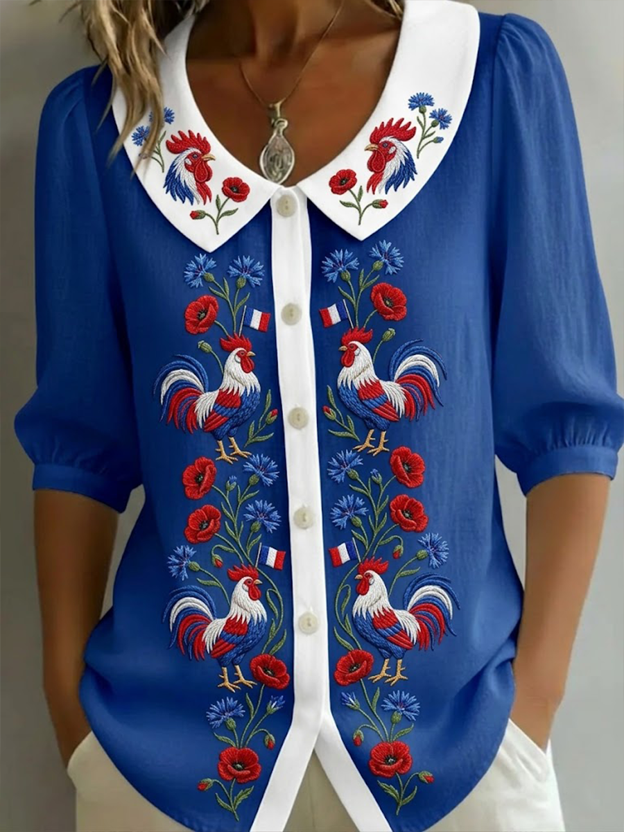 Chemise femme France Coq Gaulois en coton-lin à fleurs