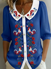 Chemise femme France Coq Gaulois en coton-lin à fleurs