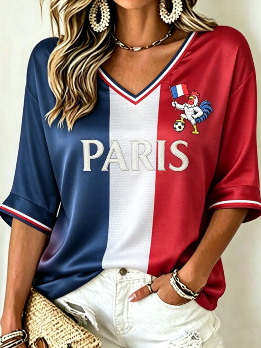 T-shirt à manches mi-longues et col en V pour femme