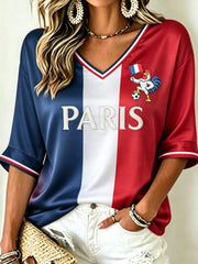 T-shirt à manches mi-longues et col en V pour femme