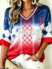 T-shirt à manches mi-longues et col en V pour femme