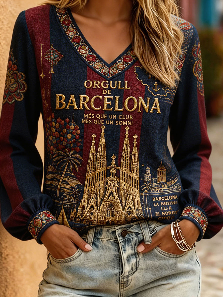 Femmes Barcelone Football Lover Imprimé Lin Tops