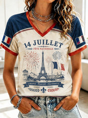 T-shirt femme France du 14 juillet à col en V imprimé