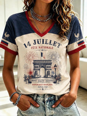 T-shirt femme France du 14 juillet à col en V imprimé