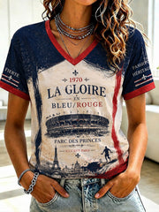 T-shirt femme La Gloire en bleu rouge, imprimé football, col en V
