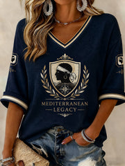 T-shirt femme à manches mi-longues et col en V, imprimé du drapeau de la Corse