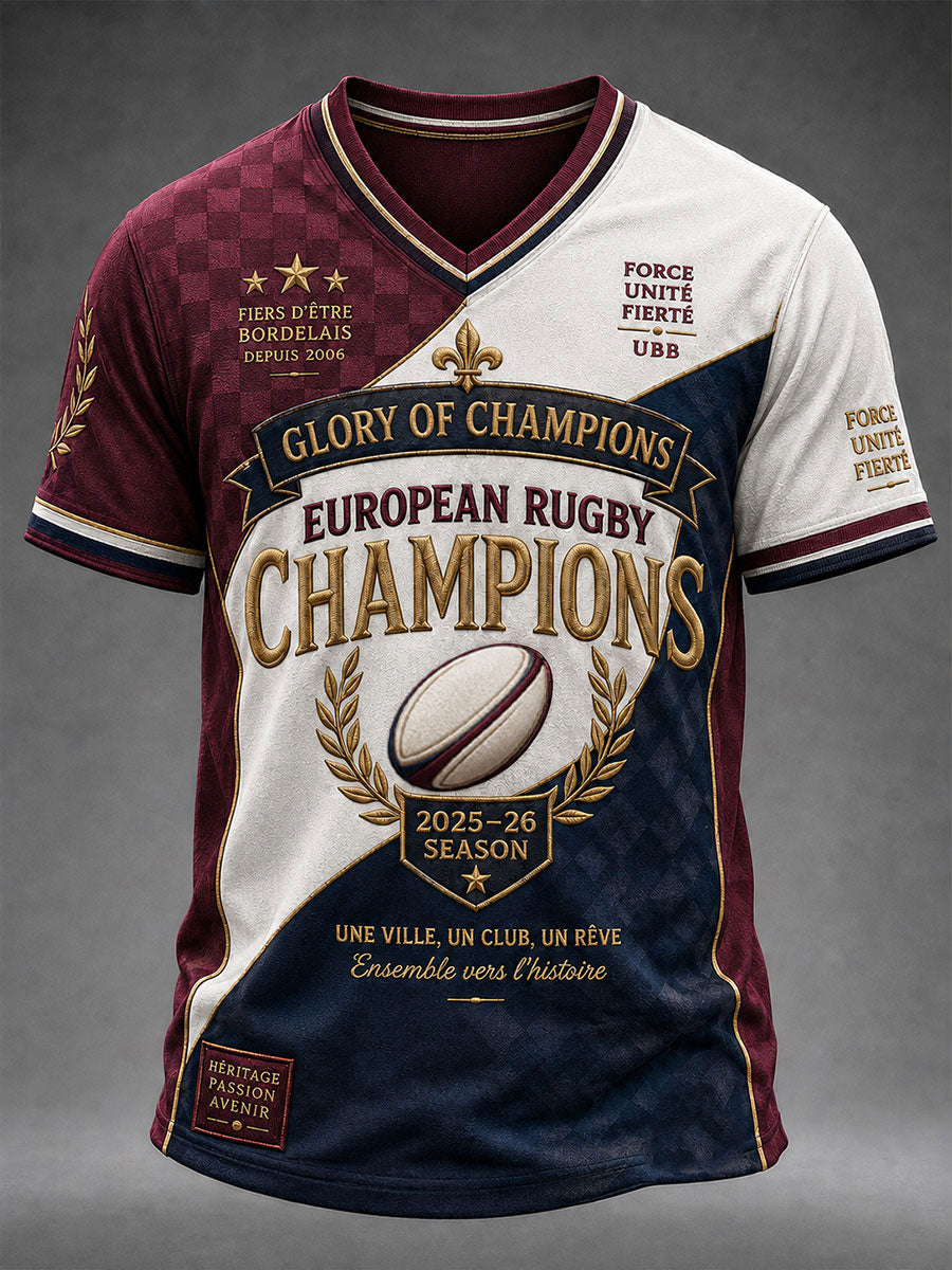 T-shirt à col en V pour hommes, championnat consécutif