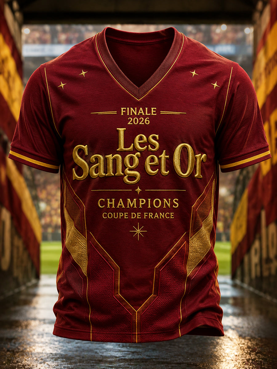 T-shirt à col en V pour hommes, motif du championnat 2026 des Les Sang et Or