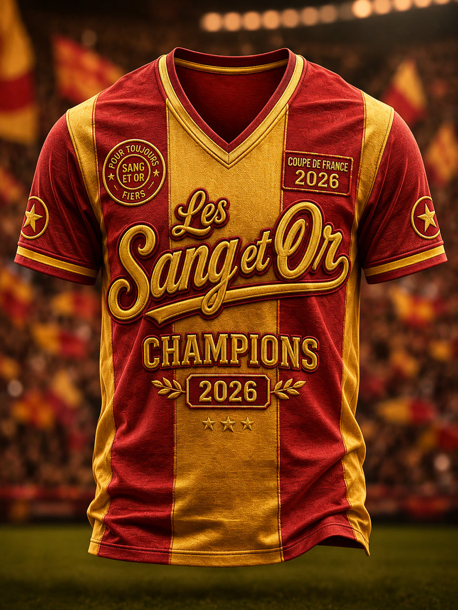 T-shirt à col en V pour hommes, motif du championnat 2026 des Les Sang et Or